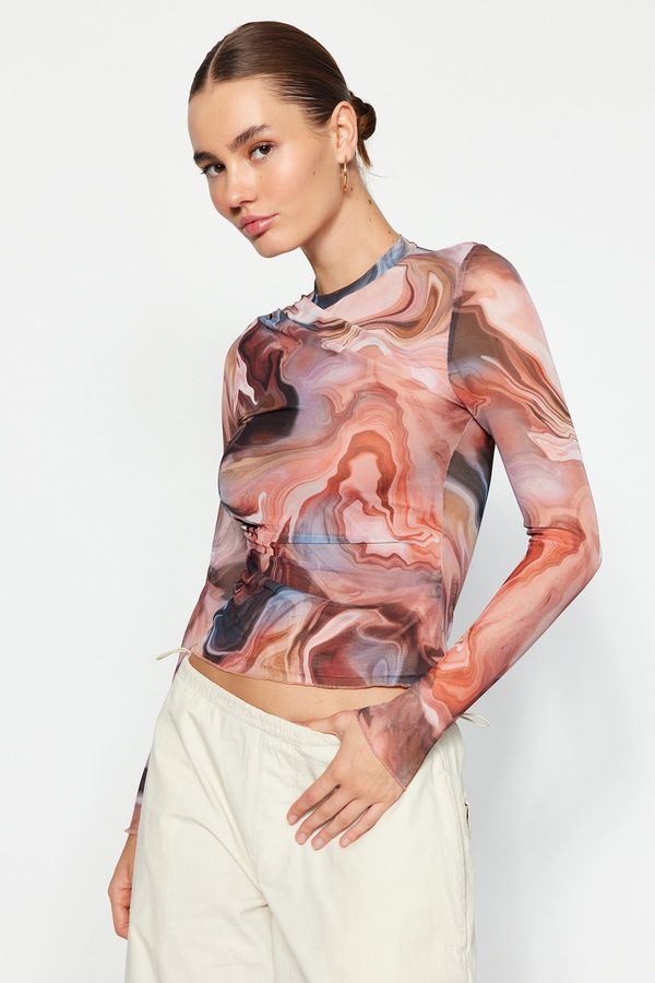 Trendyol Trendyol Brown Patterned Draped Sheer Backless Fitted/Situated Tulle Knitted Blouse