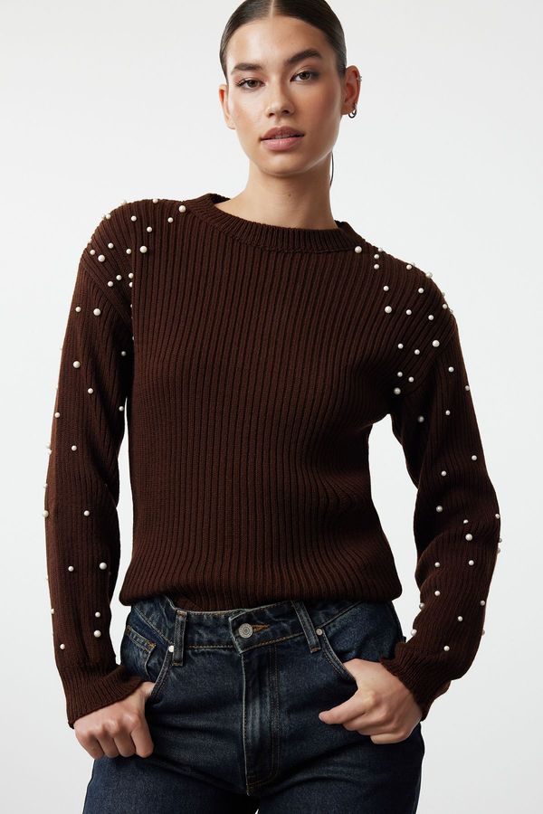 Trendyol Trendyol Brown Pearl Detailed Crew Neck Knitwear Sweater