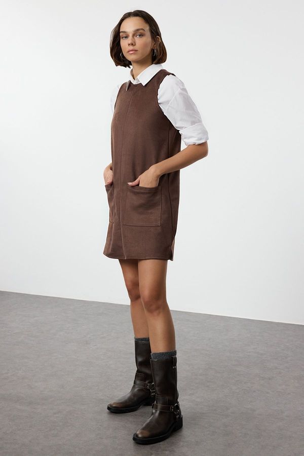 Trendyol Trendyol Brown Plain Plain Pocket Detailed Mini A line/Bell Cut Mini Knitted Dress