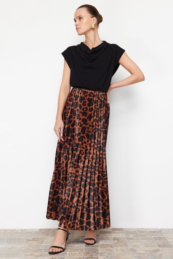 Trendyol Trendyol Brown Pleated Animal Print Printed Stretchy Knitted Skirt