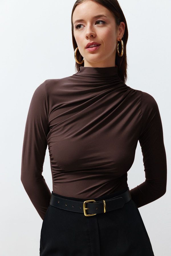 Trendyol Trendyol Brown Pleated Square Neck Body-Smoothing Flexible Knitted Blouse