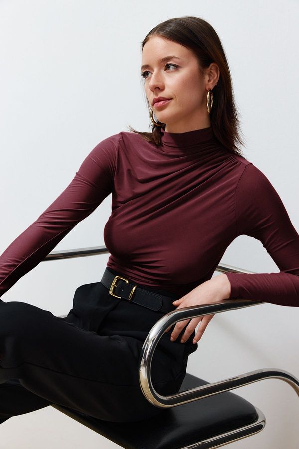 Trendyol Trendyol Brown Pleated Square Neck Body-Smoothing Flexible Knitted Blouse