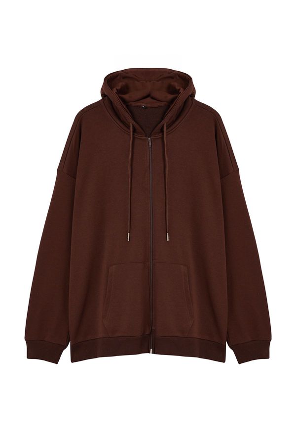 Trendyol Trendyol Brown Plus Size Oversize Basic Hooded Zippered Inside Fleece Cotton Sweatshirt