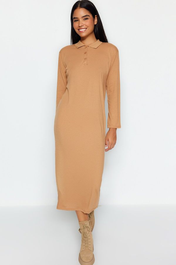 Trendyol Trendyol Brown Polo Neck Ribbed Knitted Dress