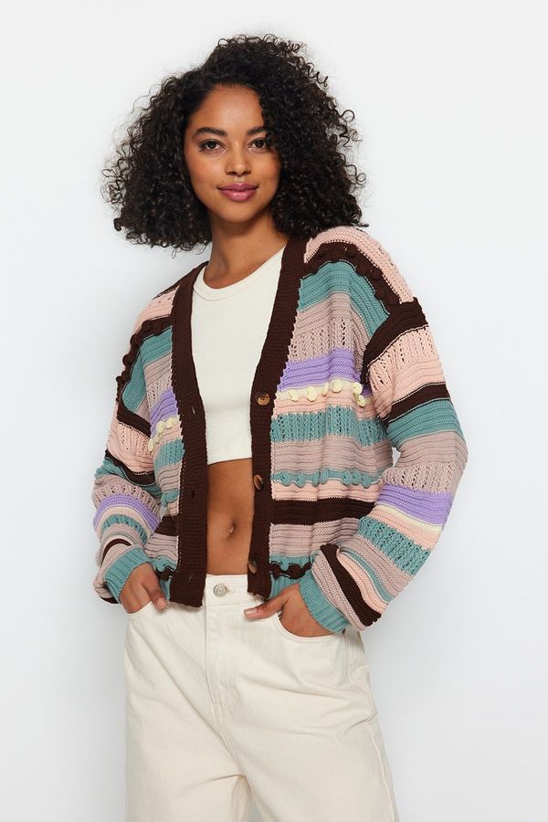 Trendyol Trendyol Brown Pompom Color Block Knitwear Cardigan