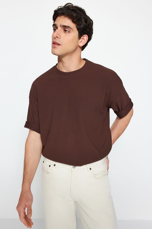 Trendyol Trendyol Brown Premium Oversize/Wide Cut Textured Ottoman T-Shirt