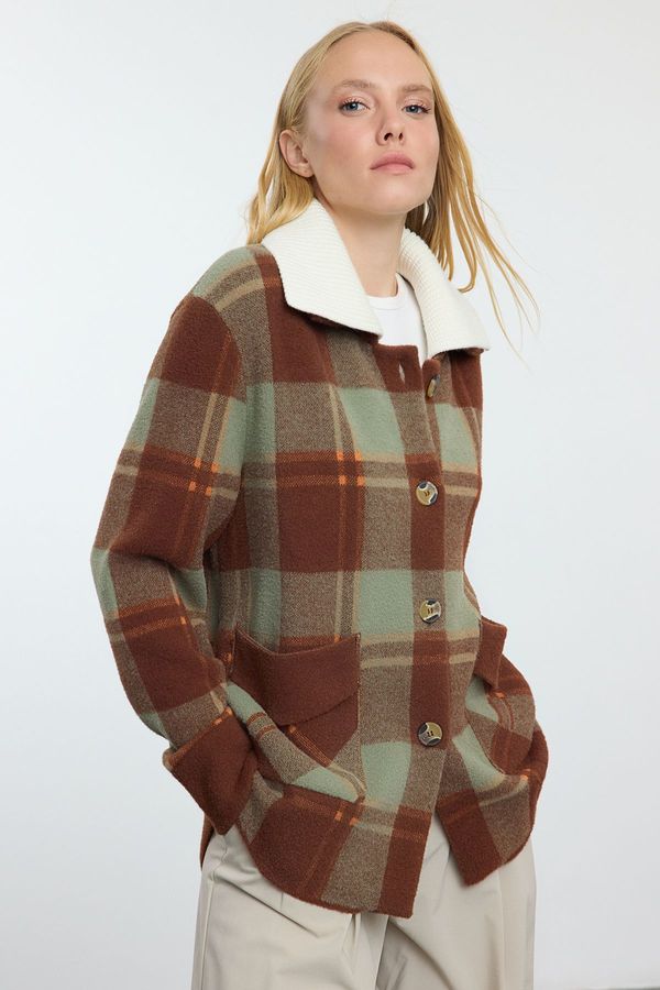 Trendyol Trendyol Brown Premium Quality Plaid Coat-Look Knitwear Cardigan