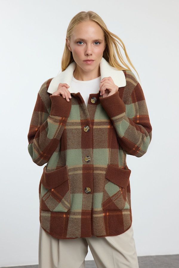 Trendyol Trendyol Brown Premium Quality Plaid Coat-Look Knitwear Cardigan