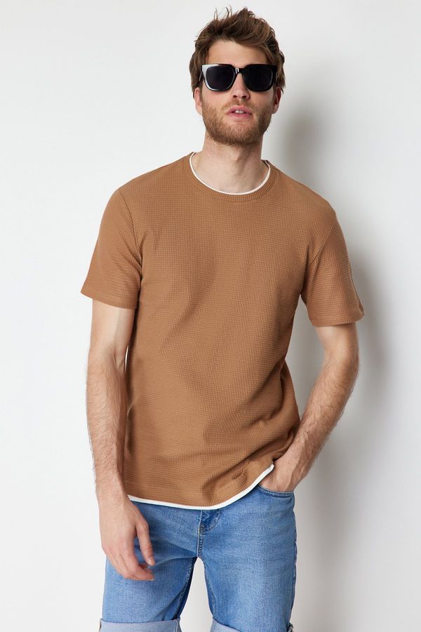 Trendyol Trendyol Brown Regular Cut 100% Cotton Textured Basic T-Shirt