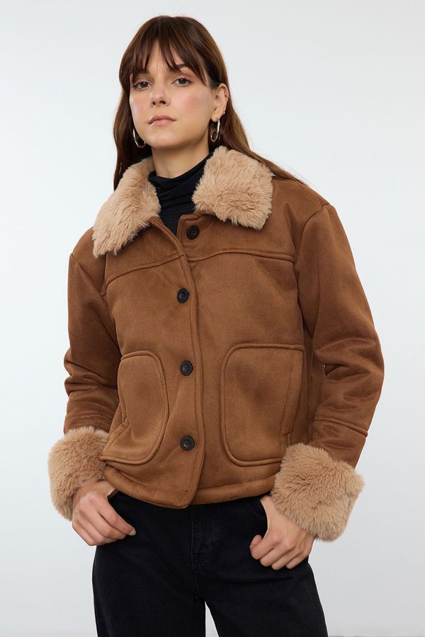 Trendyol Trendyol Brown Regular Fit Plush Detailed Suede Coat