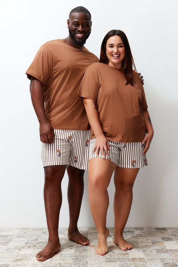 Trendyol Trendyol Brown Regular Fit Teddy Bear Printed Couple Knitted Plus Size Pajama Set with Shorts