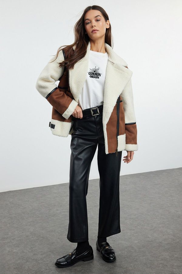 Trendyol Trendyol Brown Regular Plush Detailed Belted Biker Jacket Coat