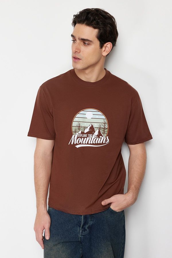 Trendyol Trendyol Brown Relaxed/Casual-Fit Scenery-Text Printed 100% Cotton T-Shirt