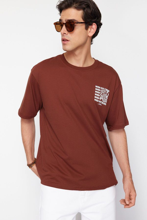 Trendyol Trendyol Brown Relaxed/Comfortable Cut Text Printed Short Sleeve 100% Cotton T-Shirt