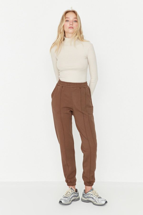 Trendyol Trendyol Brown Rib Stitching Thick Knitted Sweatpants With Fleece Inside