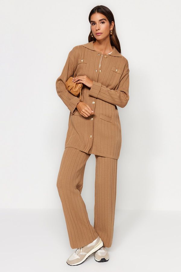 Trendyol Trendyol Brown Ribbed Cardigan-Pants Knitwear Two Piece Set