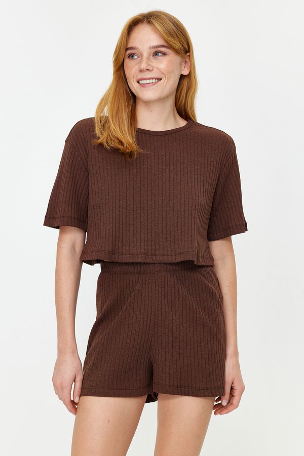 Trendyol Trendyol Brown Ribbed Knitted Pajama Set