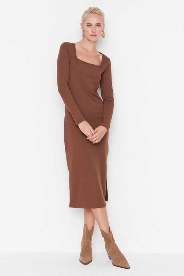 Trendyol Trendyol Brown Ribbed Square Neckline Fitted Long Sleeves a Slit Midi Dress