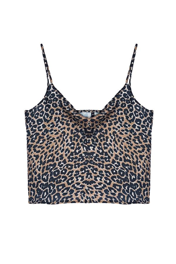 Trendyol Trendyol Brown Satin Leopard Patterned Strappy Collar Woven Blouse