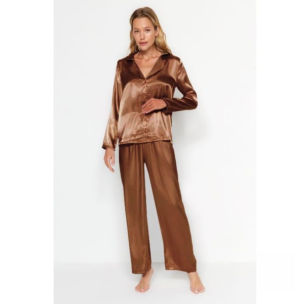 Trendyol Trendyol Brown Satin Shirt-Pants Woven Pajamas Set