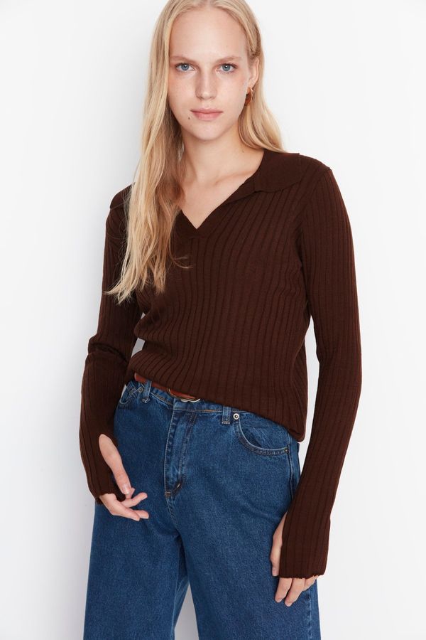 Trendyol Trendyol Brown Sleeve Detailed Polo Neck Knitwear Sweater