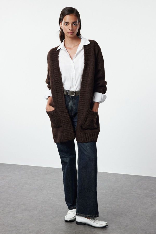 Trendyol Trendyol Brown Soft Textured Wide Fit Knitwear Cardigan