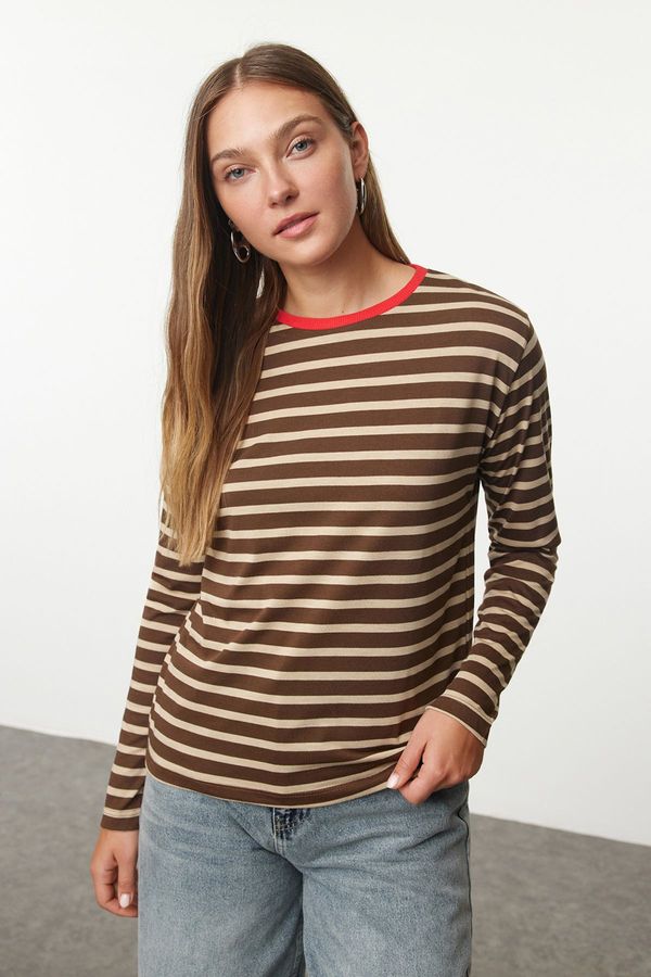 Trendyol Trendyol Brown-Stone Striped Collar Colorful Ribbed Striped Basic Knitted T-shirt