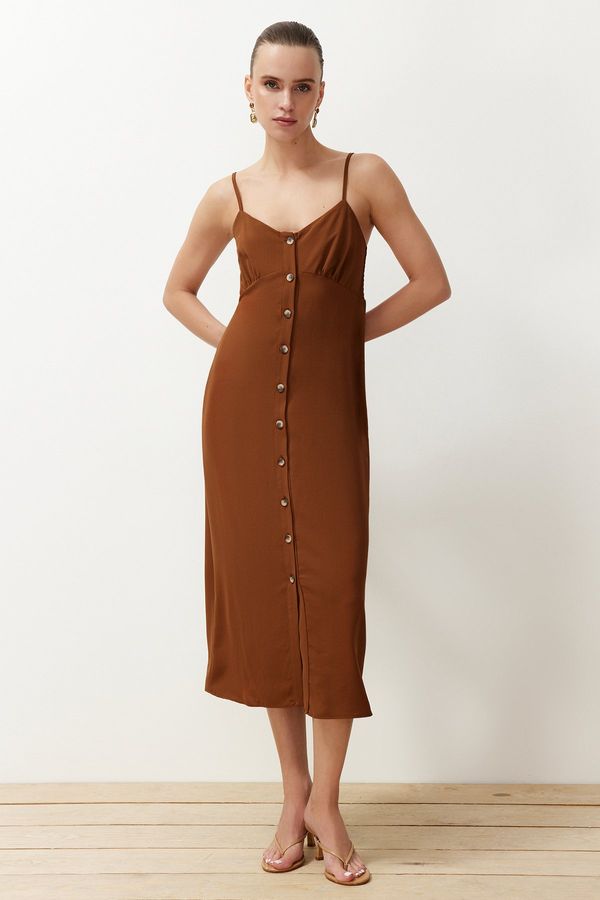 Trendyol Trendyol Brown Straight Cut Button Detail Midi Woven Dress