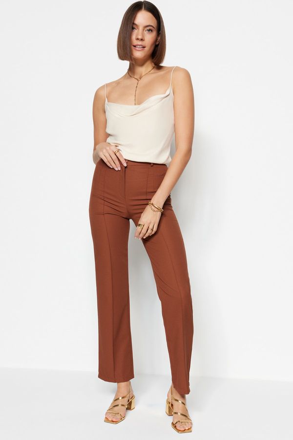 Trendyol Trendyol Brown Straight Cut High Waist Ribbed Stitched Woven Trousers