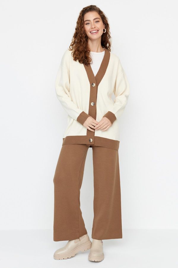 Trendyol Trendyol Brown Stripe Detailed Cardigan-Pants Knitwear Set