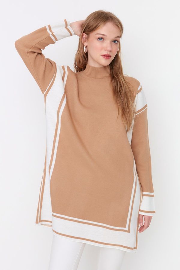 Trendyol Trendyol Brown Striped High Neck Knitwear Sweater