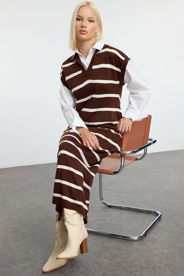 Trendyol Trendyol Brown Striped Long Knit Sweater