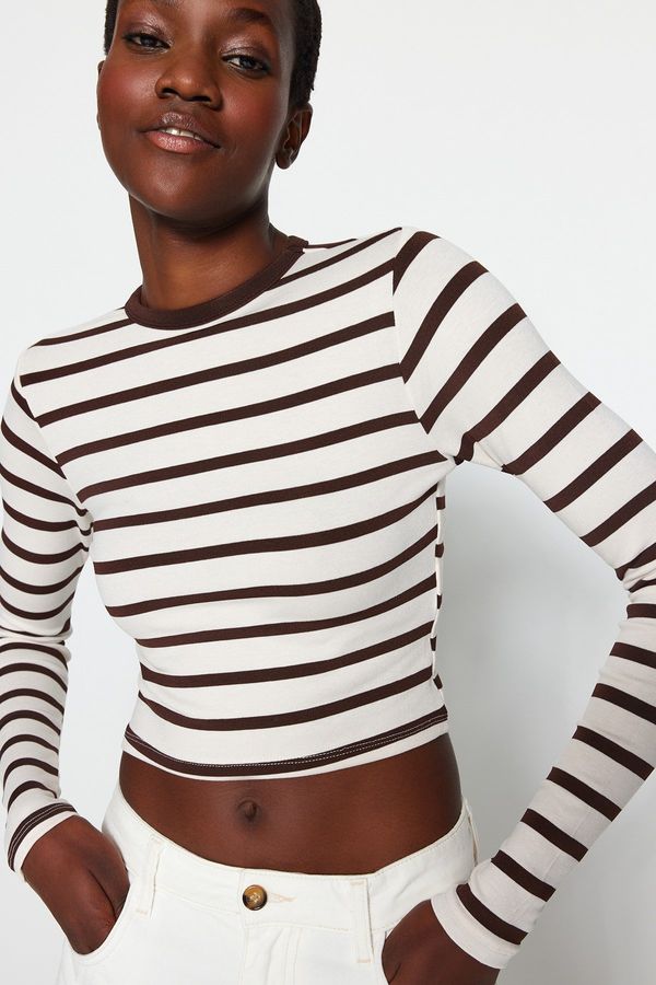 Trendyol Trendyol Brown Striped Premium Viscose Soft Fabric Fitted Crop Stretchy Knitted Blouse