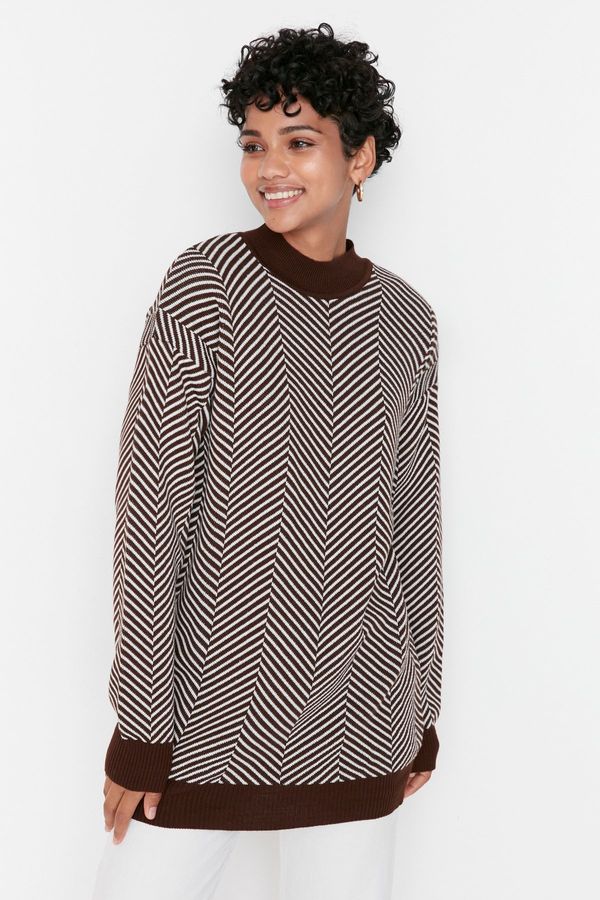 Trendyol Trendyol Brown Striped Stand Up Knitwear Sweater