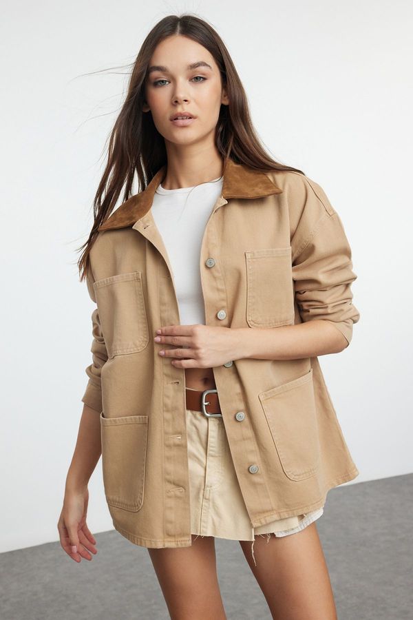 Trendyol Trendyol Brown Suede Contrast Collar Denim Shirt Jacket