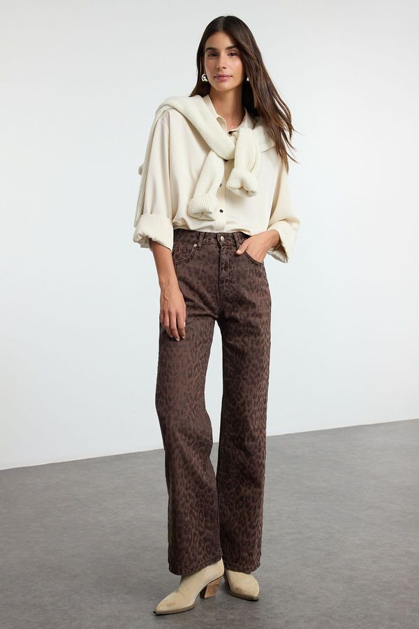 Trendyol Trendyol Brown Suede Look Leopard Patterned High Waist Wide Leg Jeans