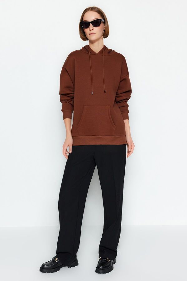Trendyol Trendyol Brown Thick With Fleece Inside Oversized/Wide Fit Hoodie, Basic Knitted Sweatshirt