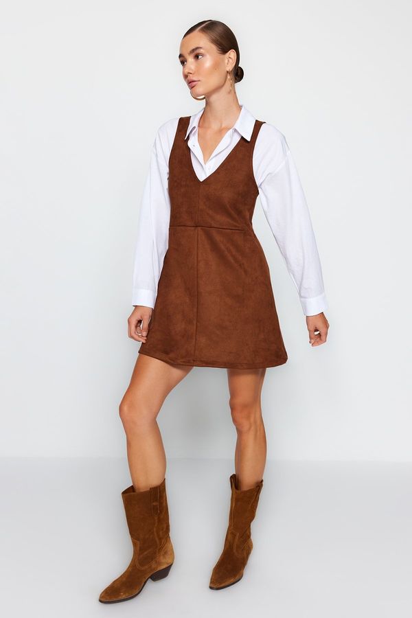 Trendyol Trendyol Brown V-Neck Gilet Suede Mini Knitted Dress