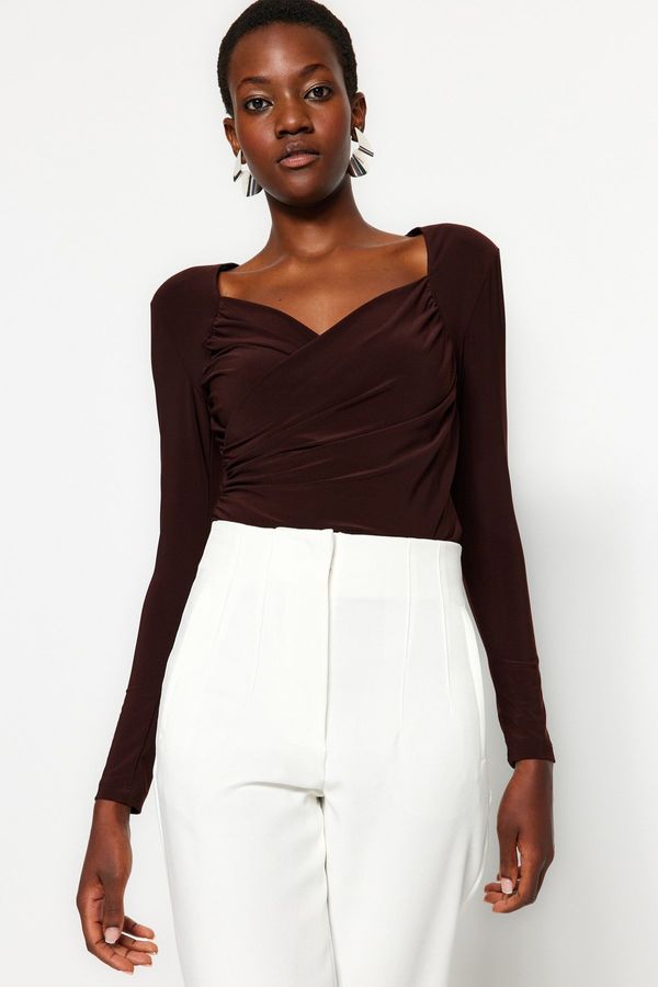 Trendyol Trendyol Brown Waistband Draped Detailed Fitted/Situated Elastic Snaps Knitted Bodysuit