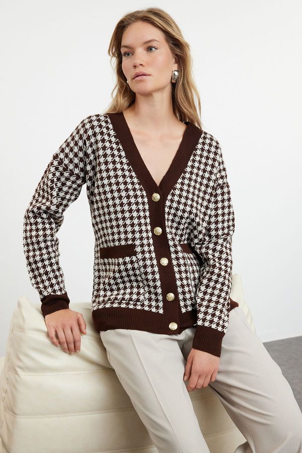 Trendyol Trendyol Brown Wide Fit Houndstooth Knitwear Cardigan