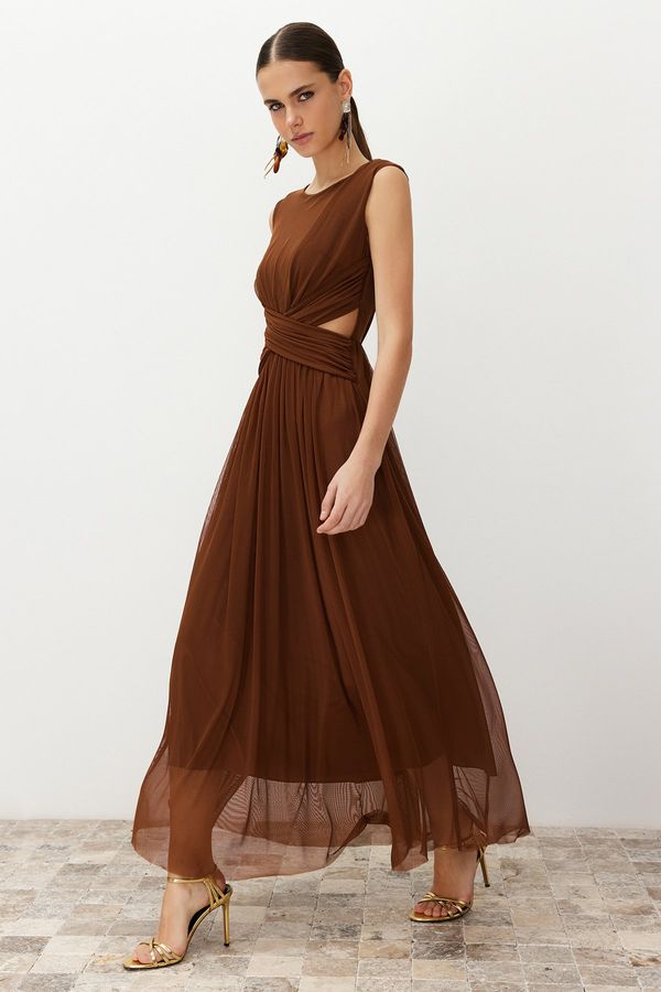 Trendyol Trendyol Brown Window/Cut Out Detailed Knitted Tulle Dress
