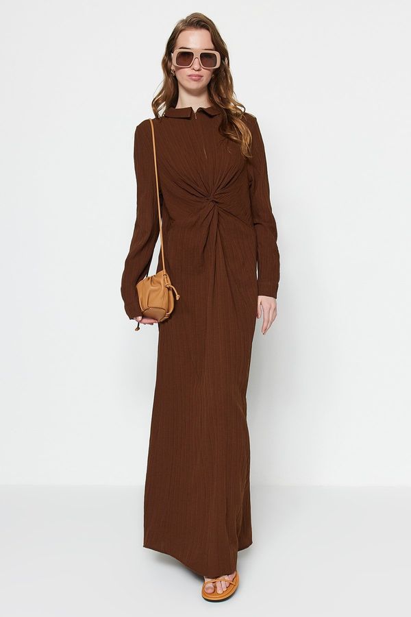 Trendyol Trendyol Brown Woven Dress with a Knot and Zipper Detail in the Front