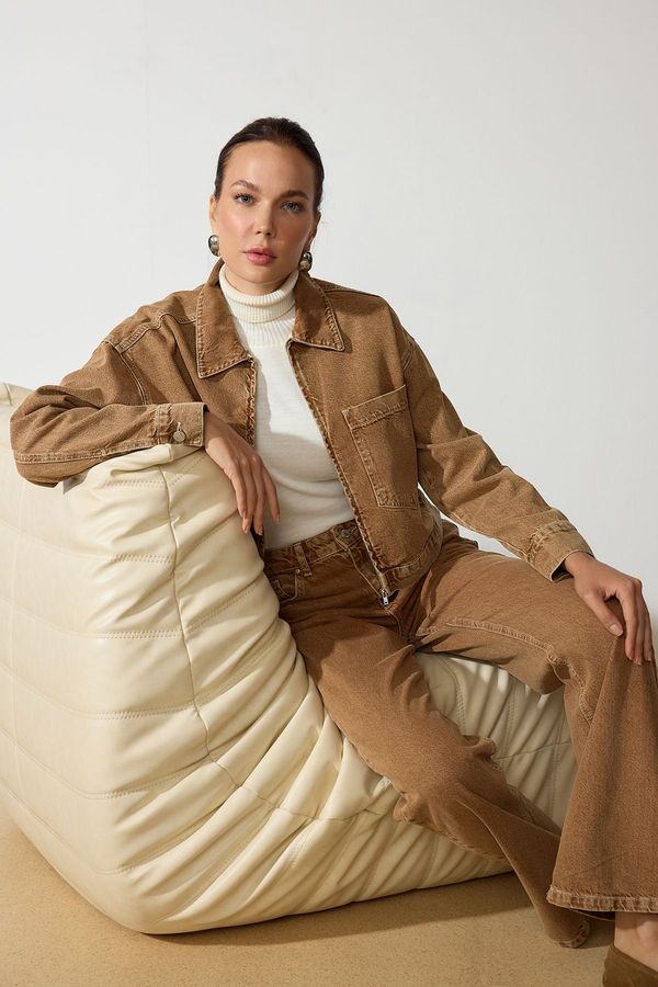 Trendyol Trendyol Brown Zippered Oversize Denim Jacket