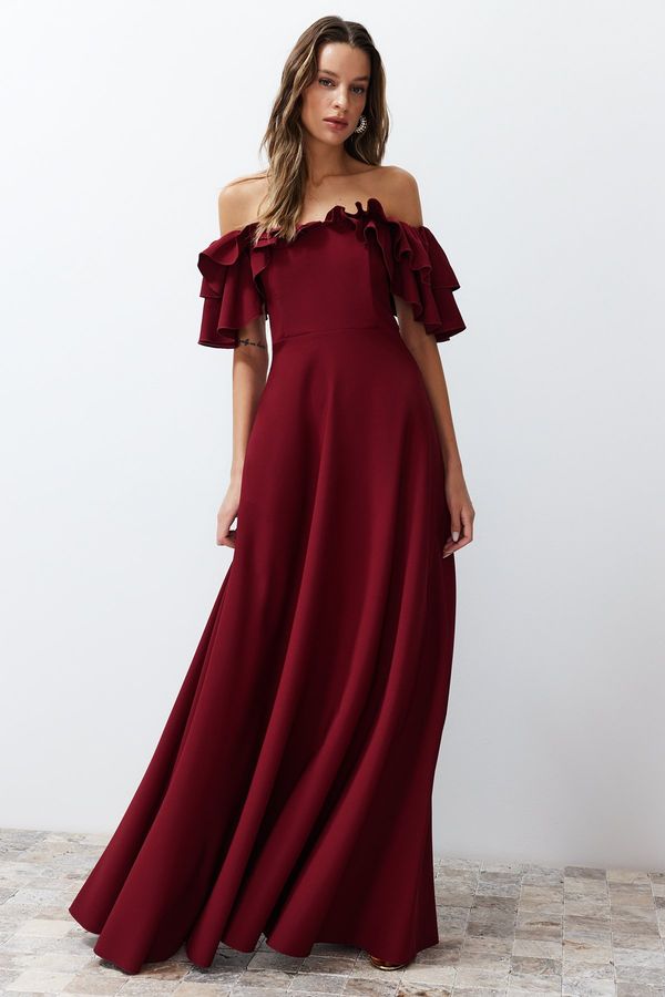 Trendyol Trendyol Burgundy A-Cut Flounce Woven Long Elegant Evening Dress