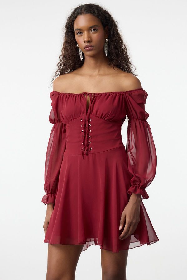 Trendyol Trendyol Burgundy A-Line Carmen Neck Tie Detail Lined Chiffon Short Dress