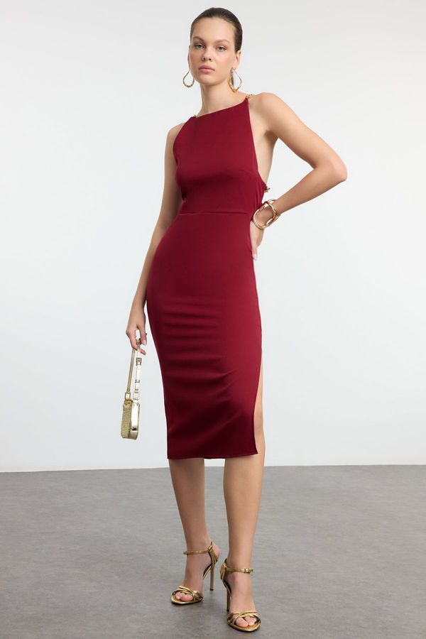 Trendyol Trendyol Burgundy Adjustable Chain Accessory Detailed Woven Dress