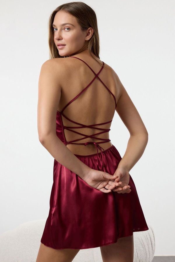 Trendyol Trendyol Burgundy Back Tie Detailed Rope Strap Satin Woven Nightgown