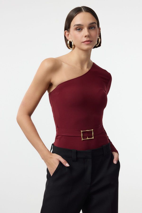 Trendyol Trendyol Burgundy Belt Detailed One-Shoulder Fitted Flexible Knitted Body with Snap Fasteners