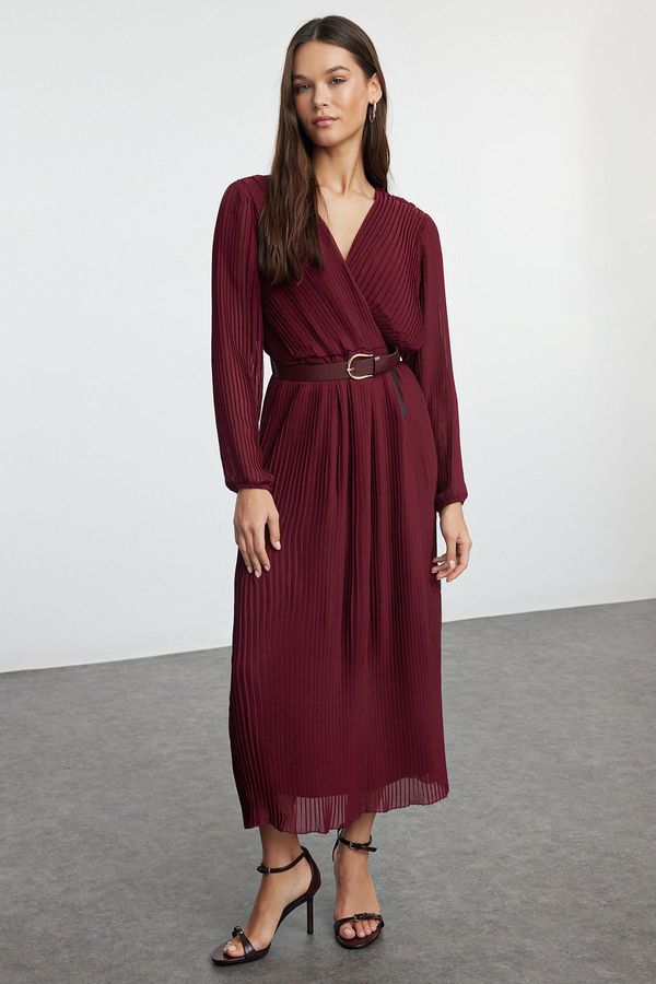 Trendyol Trendyol Burgundy Belted A-Line Pleated Maxi Lined Chiffon Woven Dress