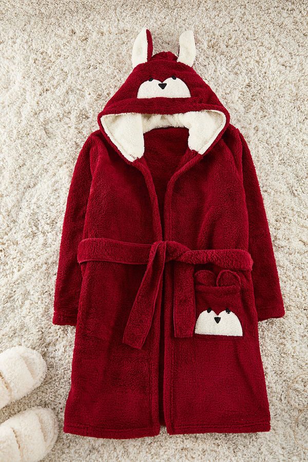 Trendyol Trendyol Burgundy Belted Animal Figure Pocketed Wellsoft Winter Knitted Dressing Gown